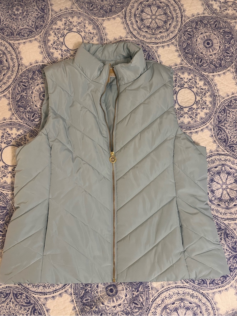 Michael Kors XL Quilted Puffer Vest Light Blue Gray Gold Hardware